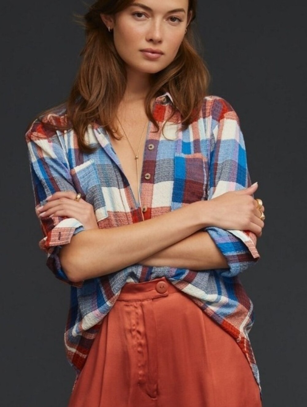Anthropologie Pilcro Women’s Sz XS Oversized Plaid Button Down Top Fall Preppy